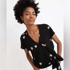 Madewell Black Daisy Print Wrap Top